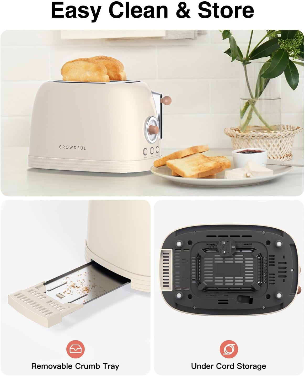 2-Slice Toaster, Extra Wide Slots Toaster, Retro Stainless Steel with Bagel, Cancel, Defrost, Reheat Function and 6-Shade Settings, Removal Crumb Tray, Cream