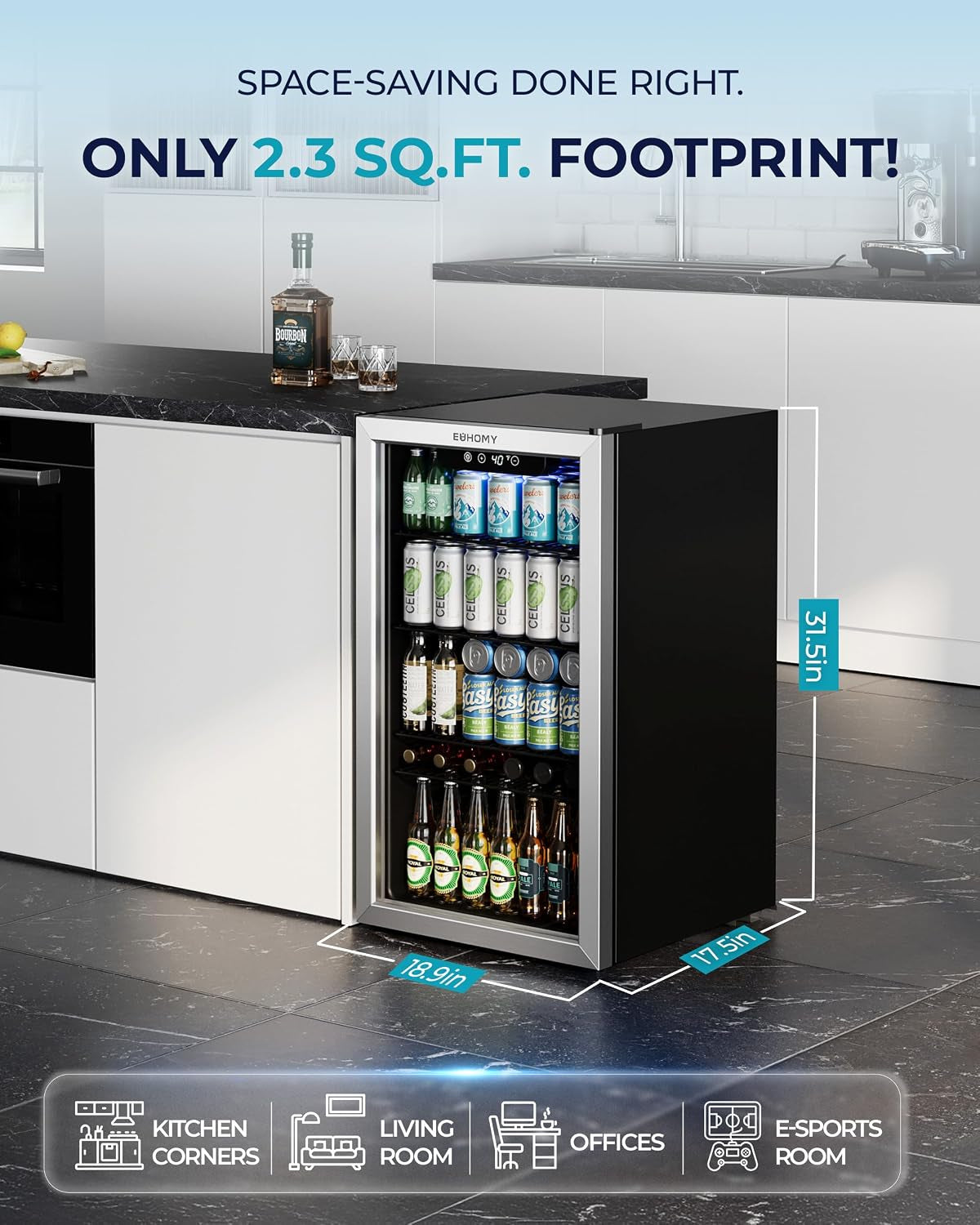 128 Can Mini Fridge, Beverage Refrigerator with Glass Door, Silver