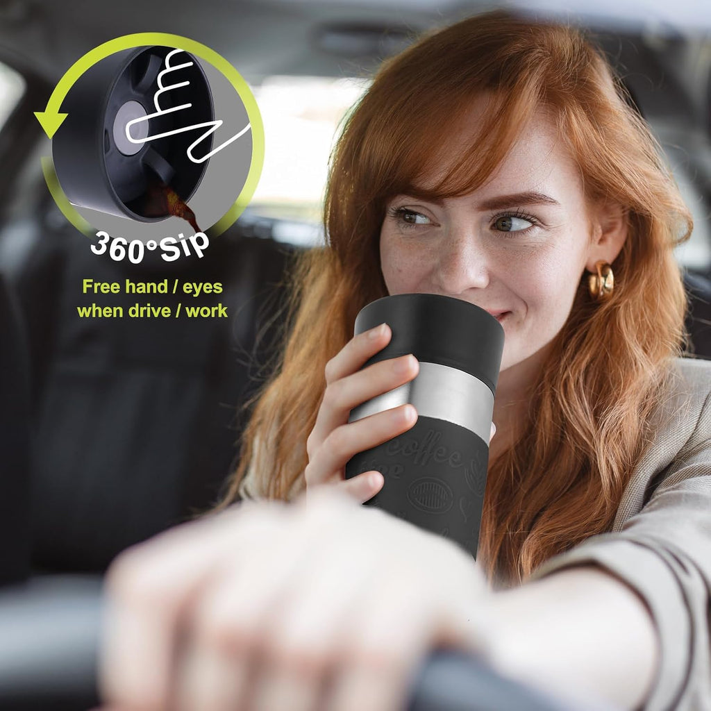 Travel Coffee Mug with 360°Lid, Travel Coffee Tumbler 16 Oz Leak Proof, Stainless Steel Insulated Travel Mugs for Hot and Cold Spill Proof Leak Proof(Black)