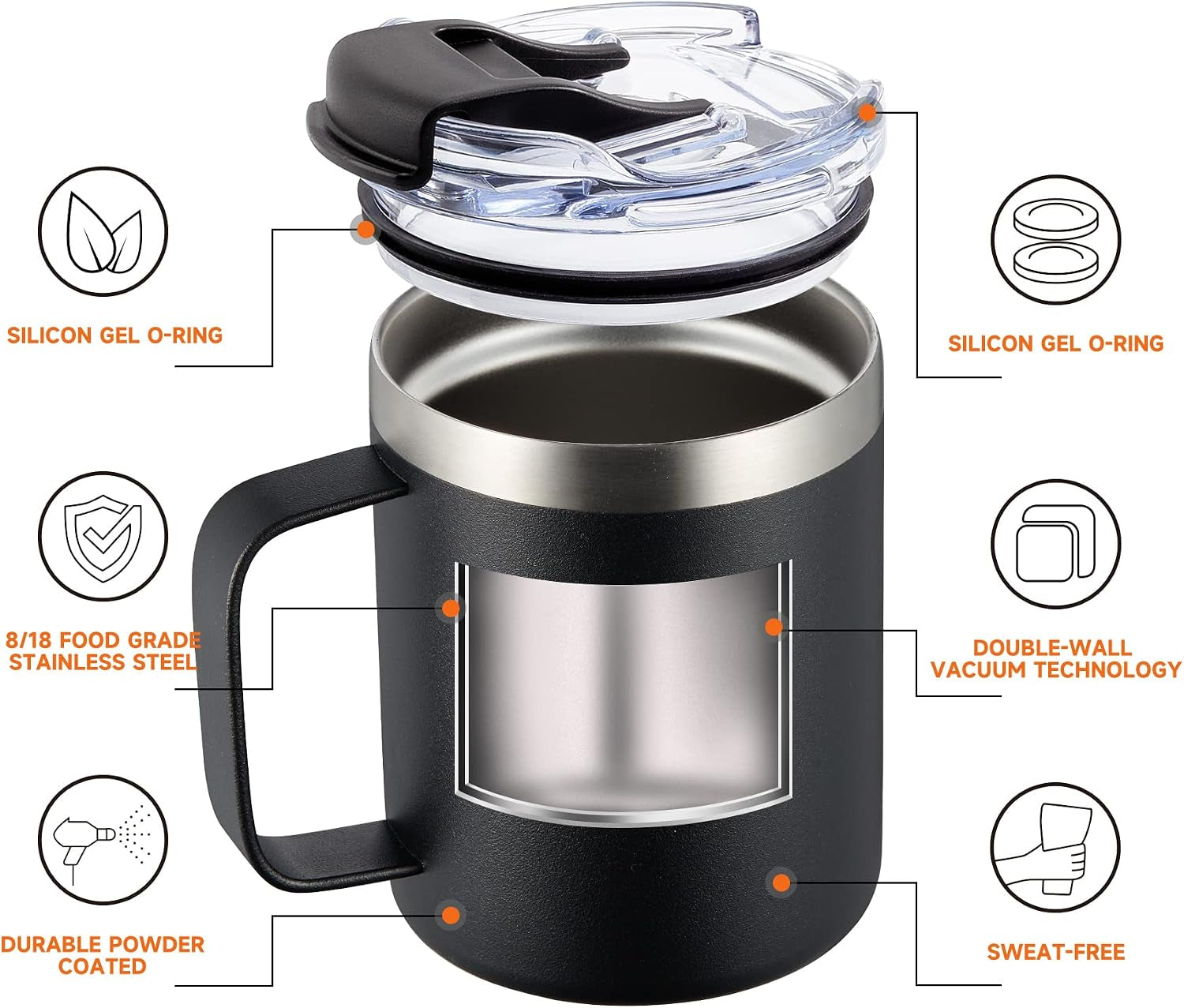 12Oz Insulated Travel Coffee Mug with Handle, Black