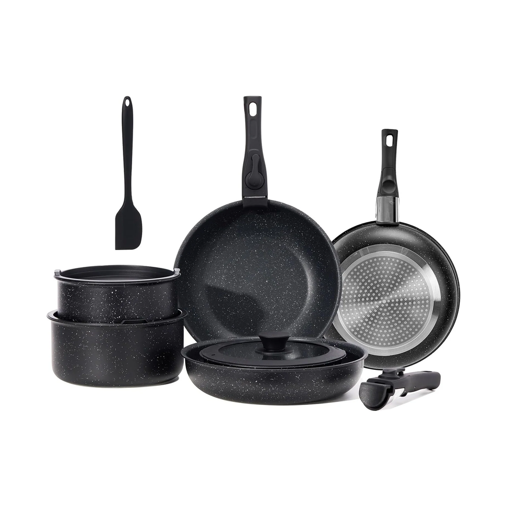 12 Pcs Pots and Pans Set, Nonstick Kitchen Induction Cookware Suit with Detachable Handle, Dishwasher Oven Safe, Black