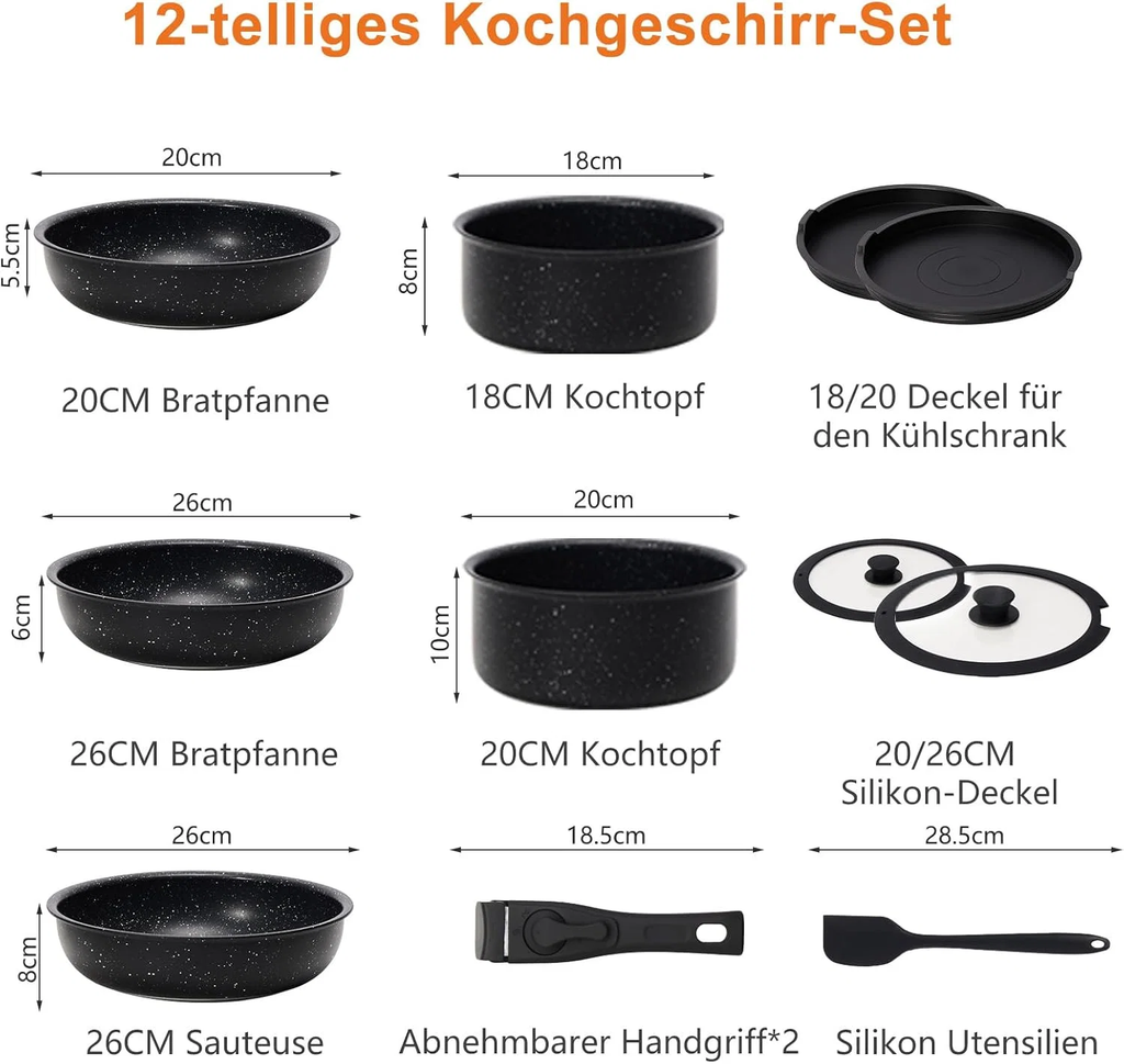 12 Pcs Pots and Pans Set, Nonstick Kitchen Induction Cookware Suit with Detachable Handle, Dishwasher Oven Safe, Black