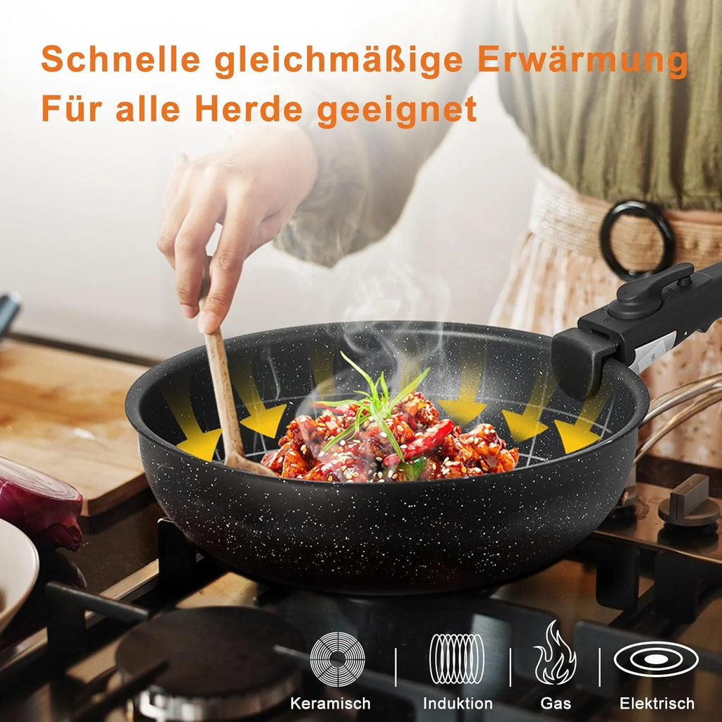 12 Pcs Pots and Pans Set, Nonstick Kitchen Induction Cookware Suit with Detachable Handle, Dishwasher Oven Safe, Black