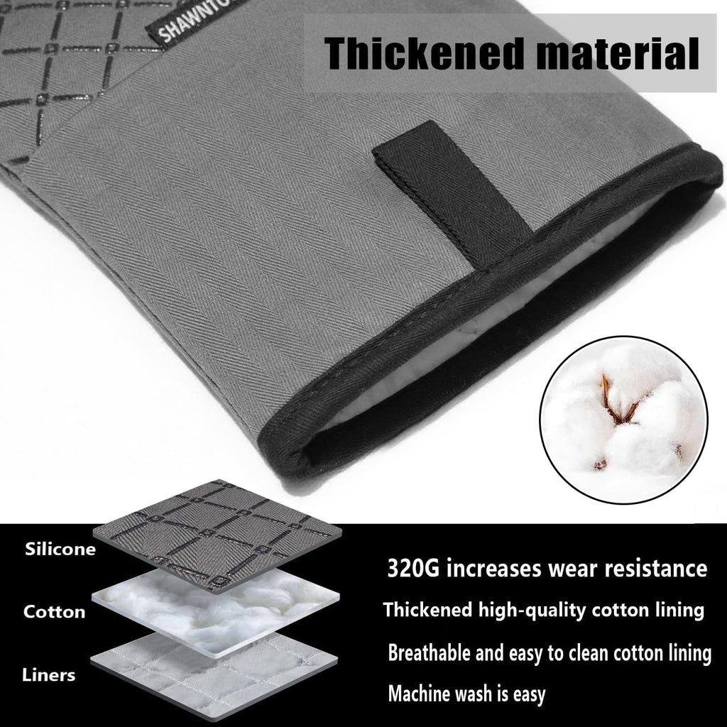 Oven Mitts and Pot Holders Sets 6Pcs, Kitchen Oven Glove,High Heat Resistant 550 Degree Extra Long Oven Mitts and Potholders with Non-Slip Silicone Surface for Home Essentials (Grey) (Matte Black)