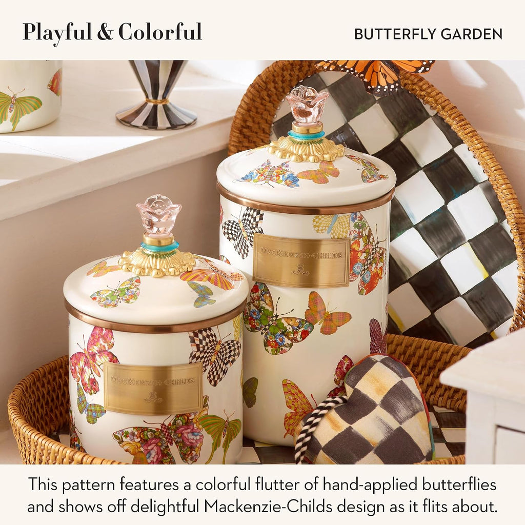 MACKENZIE-CHILDS Enamel Canister, Medium, White Butterfly Garden