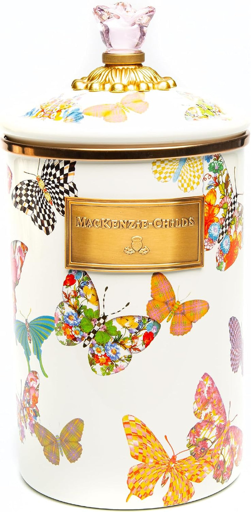 MACKENZIE-CHILDS Enamel Canister, Large, White Butterfly Garden