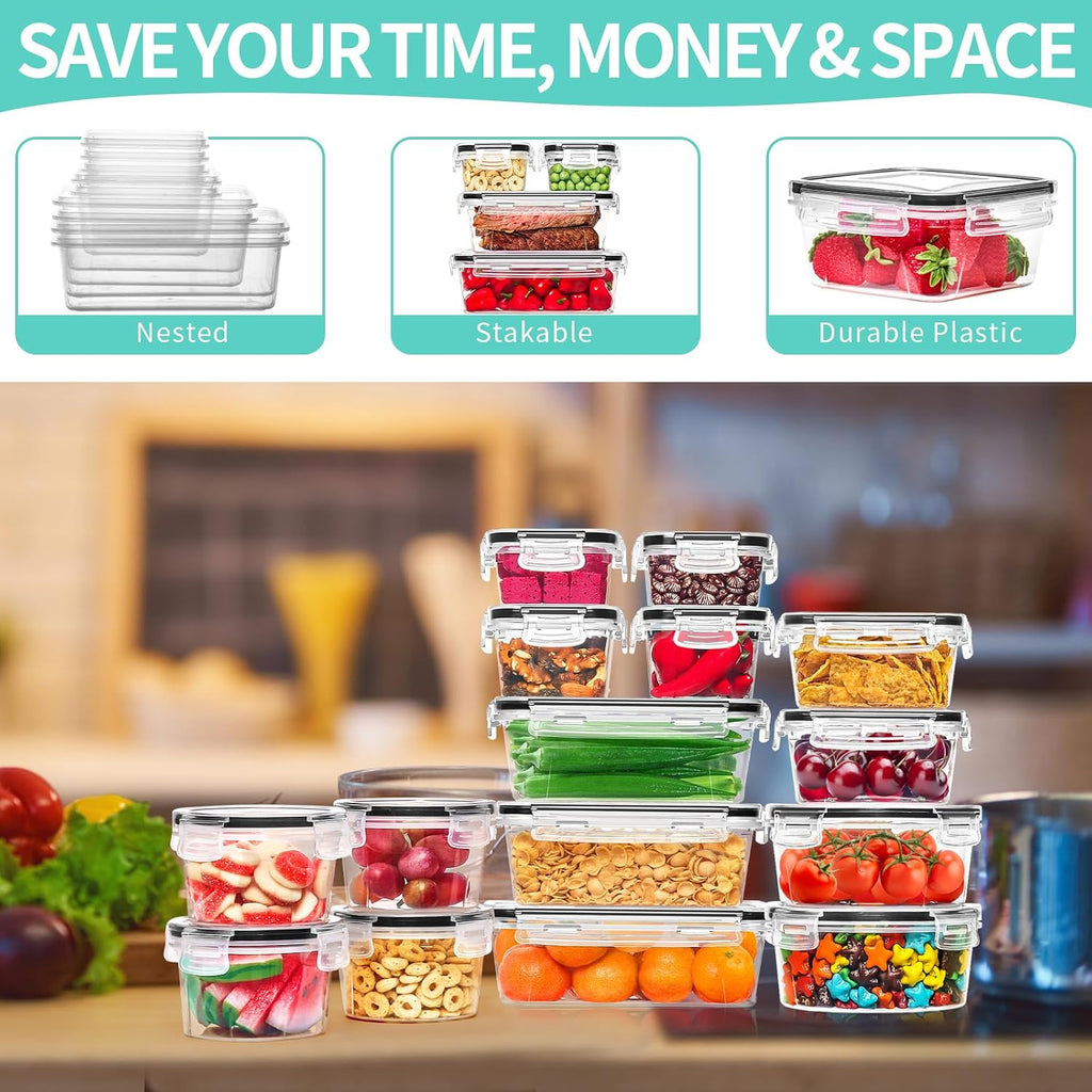 72 Piece Food Storage Containers Set with Airtight Lids (36 Containers & 36 Lids), Plastic Leak-Proof Kitchen Storage Containers for Pantry Organizers and Storage - Meal Prep, Lunch Containers