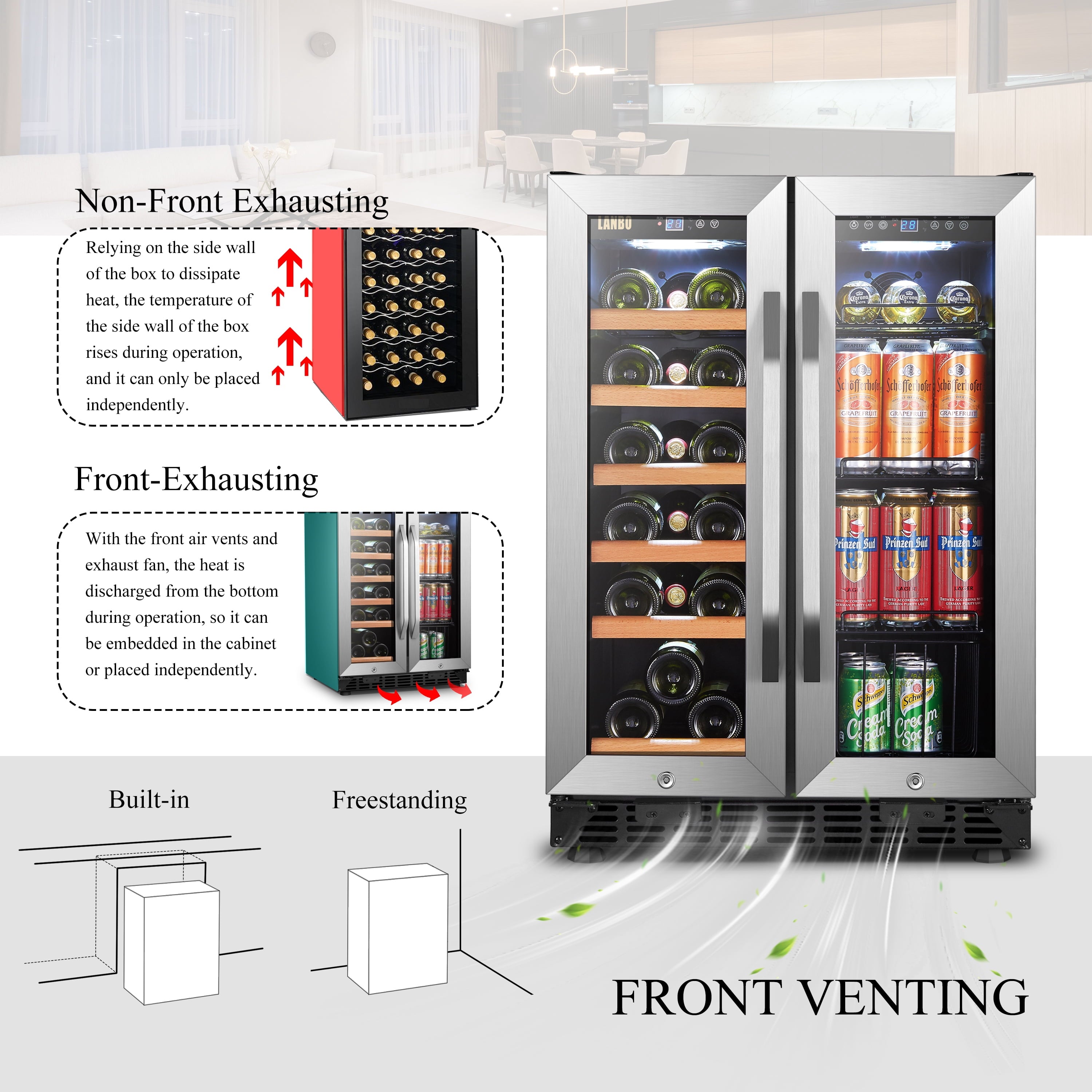 24 Inch 18 Bottle 55 Cans under Counter Dual Zone Wine Cooler Beverage Refrigerator