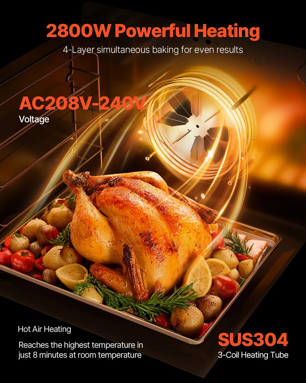 Commercial Countertop Oven, 66L 4-Tier Toaster Ovens with Tempered Glass Door, Wire Racks & Tray, 2800W Stainless Steel Baking Ovens for Restaurant Bakery (AC208~240V, 60Hz, 6-20P Plug & Output)