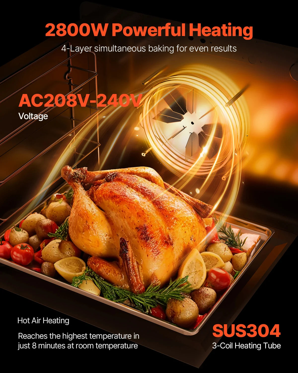 Commercial Countertop Oven, 66L 4-Tier Toaster Ovens with Tempered Glass Door, Wire Racks & Tray, 2800W Stainless Steel Baking Ovens for Restaurant Bakery (AC208~240V, 60Hz, 6-20P Plug & Output)