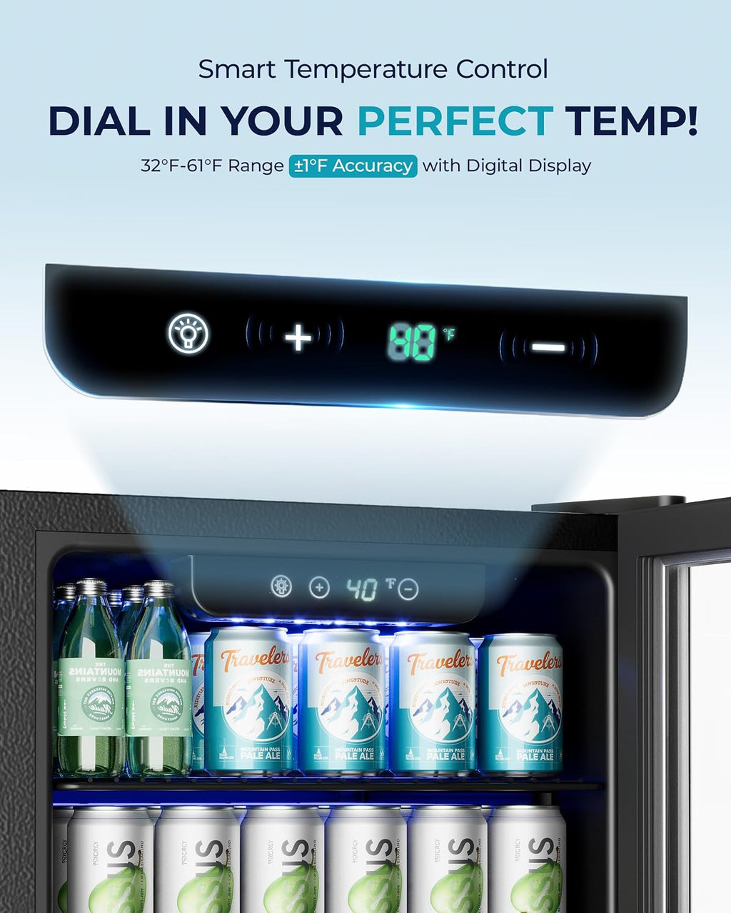 128 Can Mini Fridge, Beverage Refrigerator with Glass Door, Silver