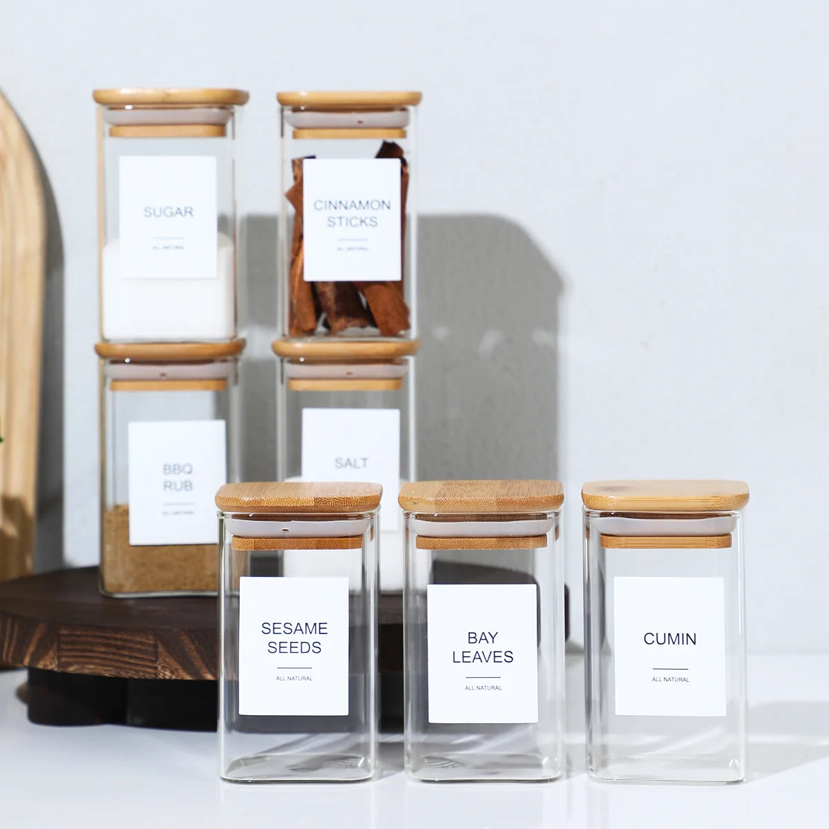 12 Pcs Square Spice Jars with 72 Stickers, Kitchen Pepper Jars for Salt Seasoning, Snacks, Tea, Coffee