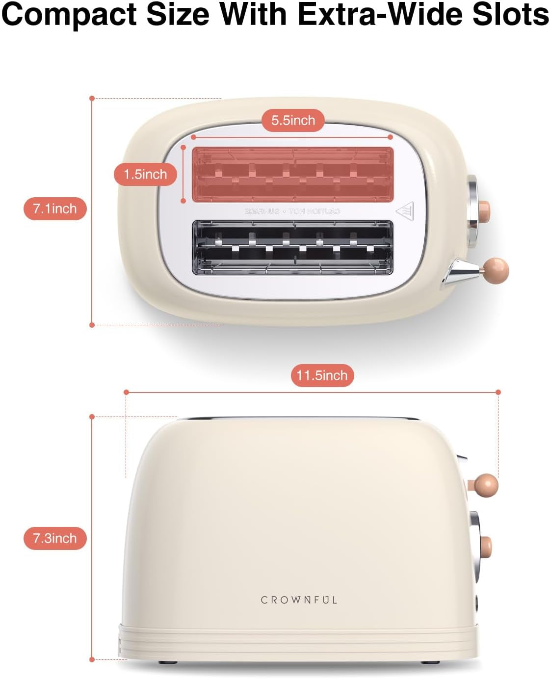 2-Slice Toaster, Extra Wide Slots Toaster, Retro Stainless Steel with Bagel, Cancel, Defrost, Reheat Function and 6-Shade Settings, Removal Crumb Tray, Cream