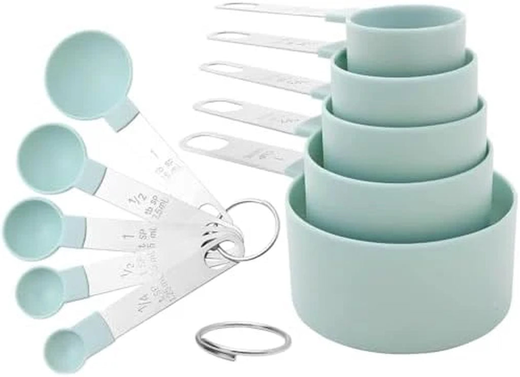 Measuring Cups and Spoons Set, 10-Piece Stackable Kitchen Tools with Stainless Steel Handles, Nesting Measurement Gadgets for Cooking & Baking (Mint Green)
