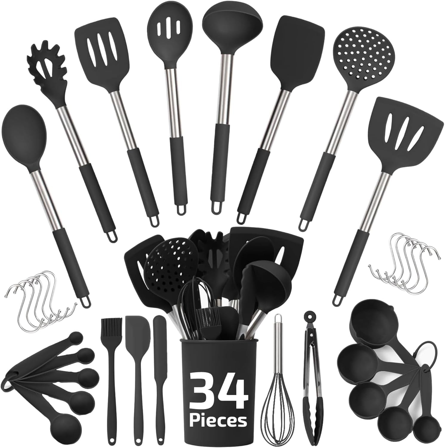 34 Pcs Silicone Kitchen Utensils Set, Stainless Steel 450F Heat Resistant