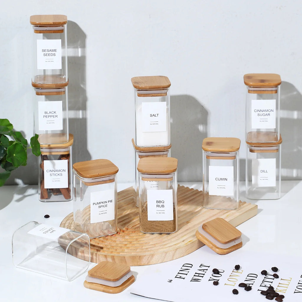12 Pcs Square Spice Jars with 72 Stickers, Kitchen Pepper Jars for Salt Seasoning, Snacks, Tea, Coffee