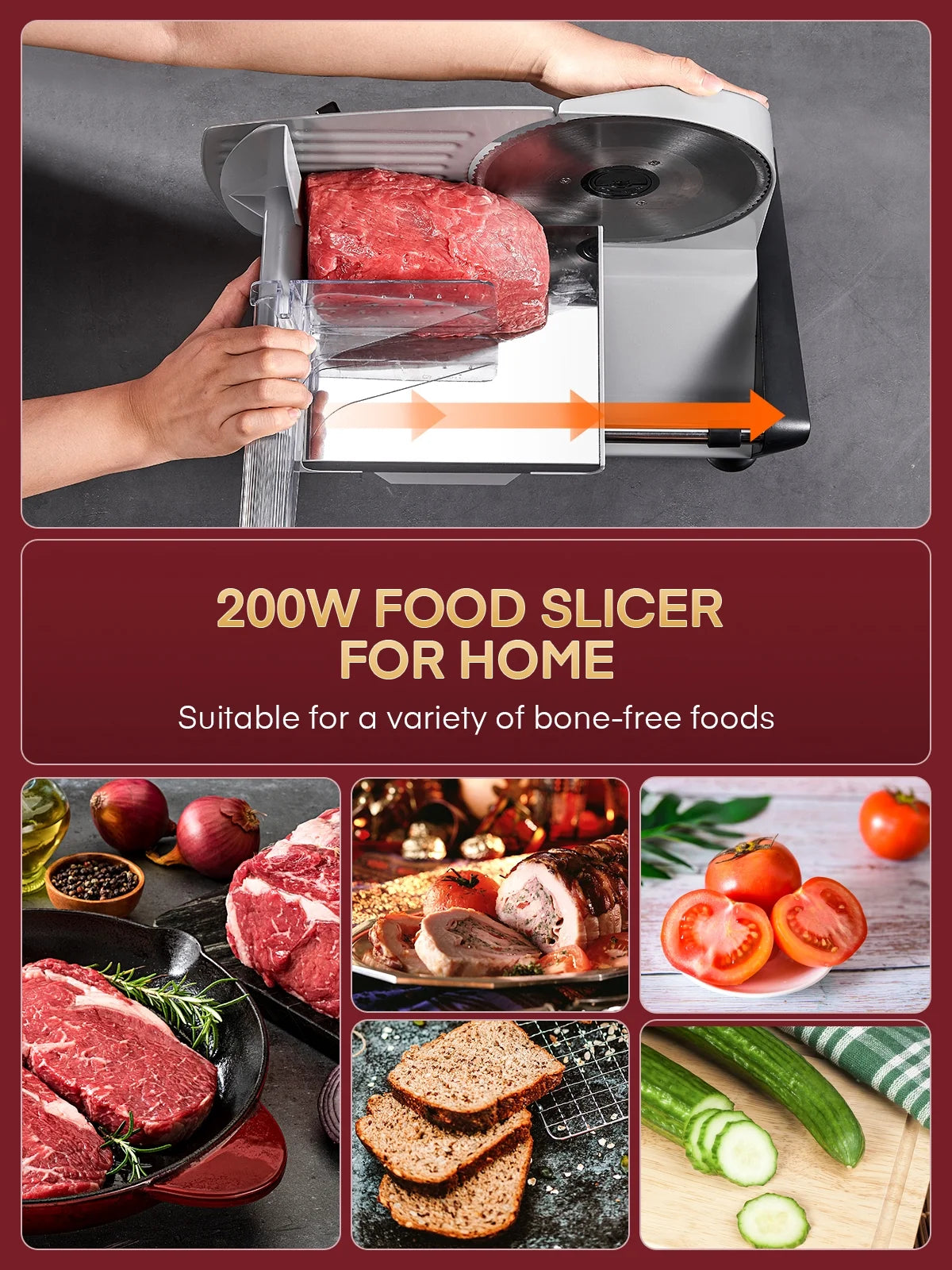 Meat Slicer Electric Deli Food Slicer with 7.5" Removable Stainless Steel Blade, Cuts Meat, Cheese, Bread, Silver