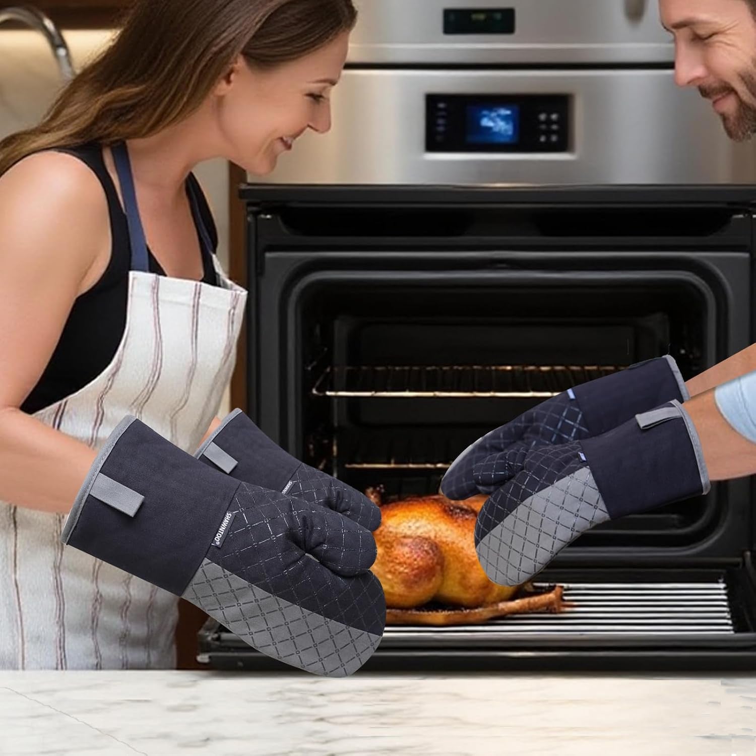 Oven Mitts and Pot Holders Sets 6Pcs, Kitchen Oven Glove,High Heat Resistant 550 Degree Extra Long Oven Mitts and Potholders with Non-Slip Silicone Surface for Home Essentials (Grey) (Matte Black)