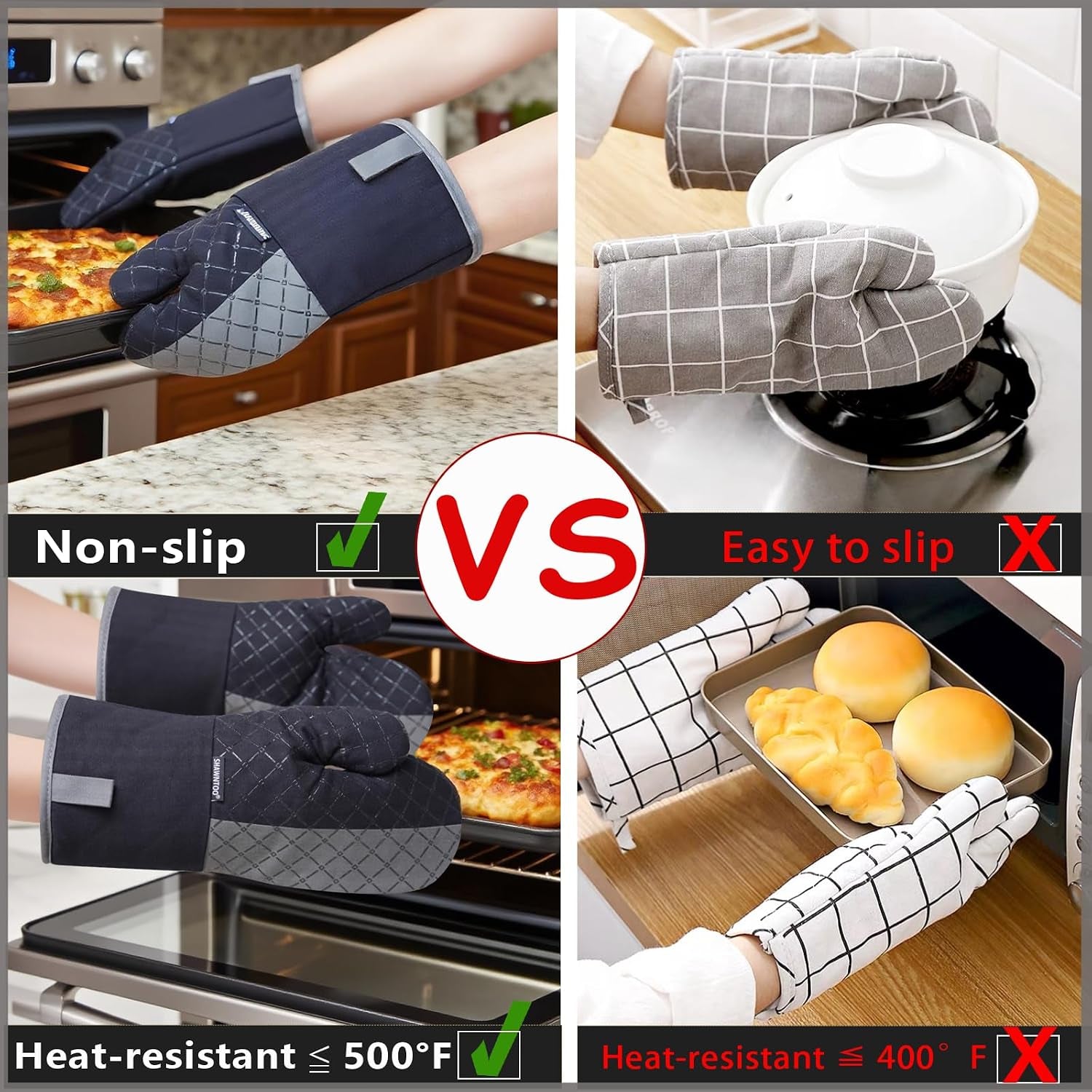 Oven Mitts and Pot Holders Sets 6Pcs, Kitchen Oven Glove,High Heat Resistant 550 Degree Extra Long Oven Mitts and Potholders with Non-Slip Silicone Surface for Home Essentials (Grey) (Matte Black)