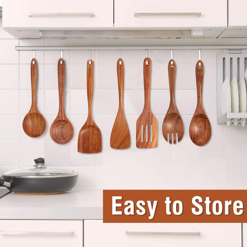 9 Piece Natural Teak Wooden Kitchen Utensil Set with Spoon Rest - Comfort Grip Cooking Spoons and Utensils Holder