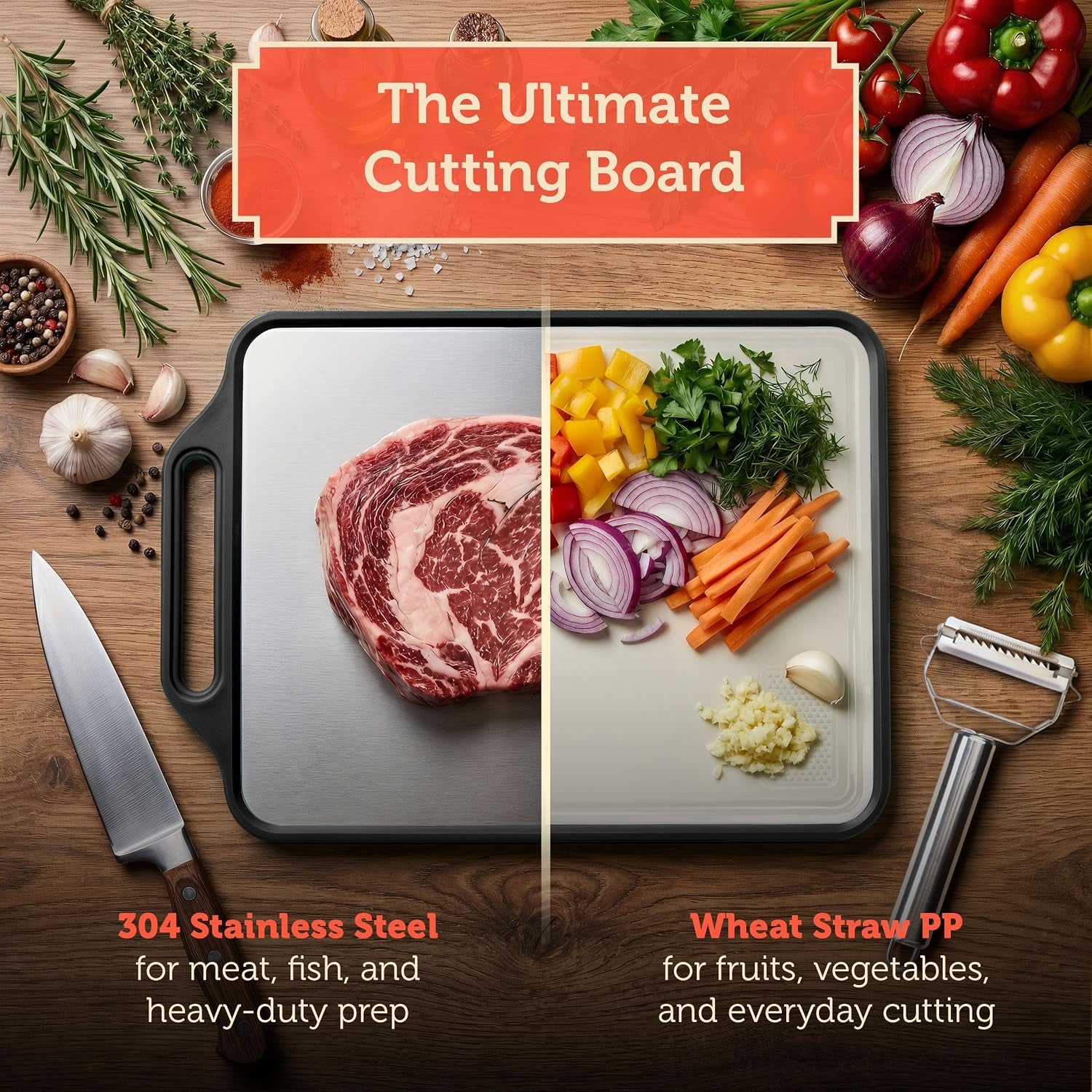 Stainless Steel Cutting Board - Non Toxic Cutting Board & Metal Cutting Board, Double-Sided Meat Cutting Board, Food-Grade PP, Juice Groove, 4-In-1 Vegetable Peeler Included, Black