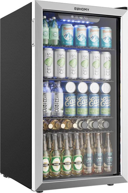 128 Can Mini Fridge, Beverage Refrigerator with Glass Door, Silver