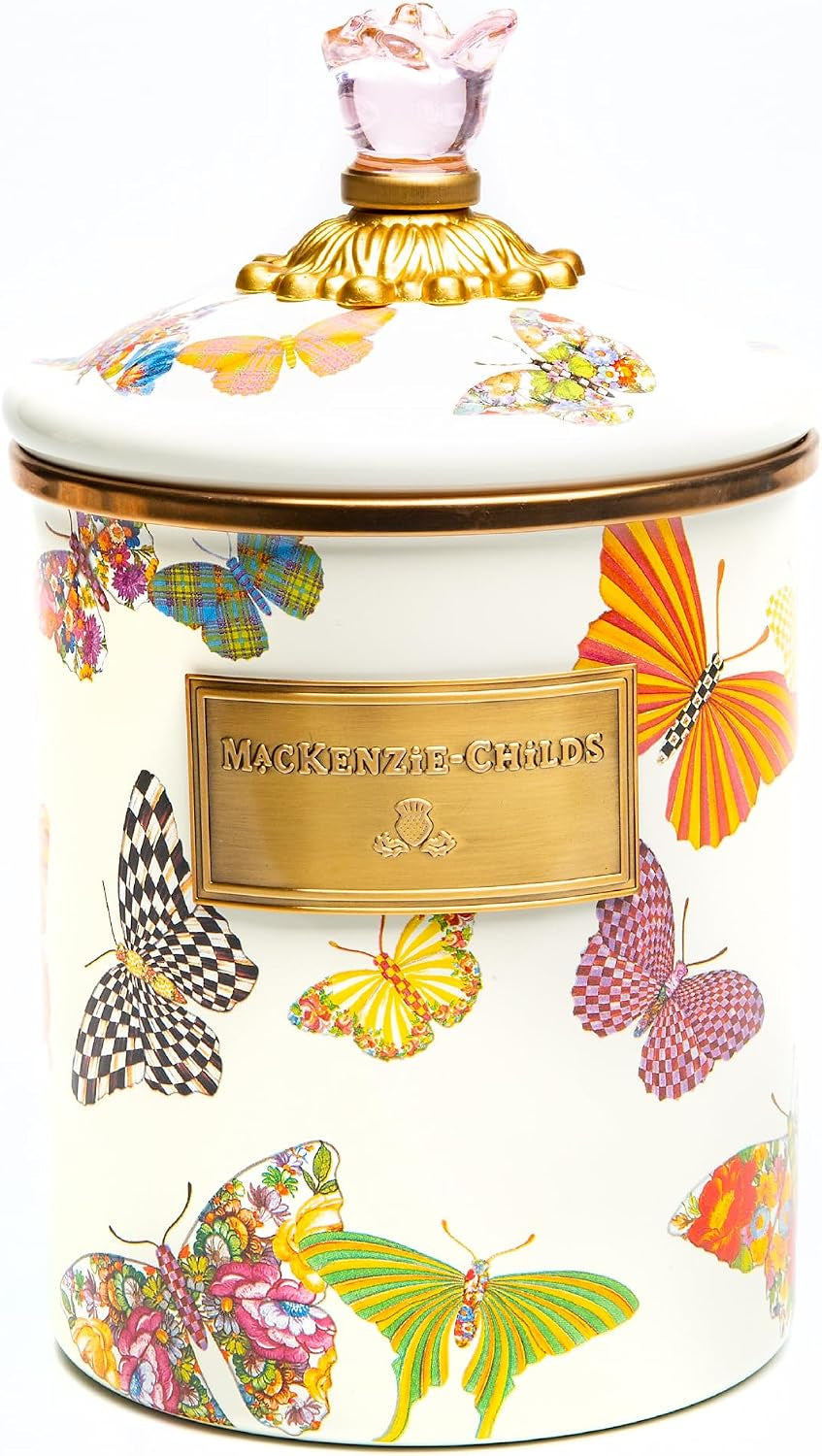 MACKENZIE-CHILDS Enamel Canister, Medium, White Butterfly Garden