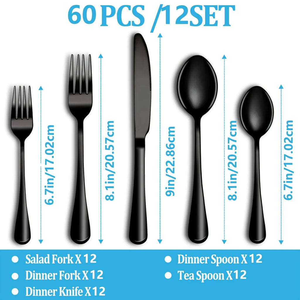 60Pcs Black Silverware Set for 12, Stainless Steel Flatware Set, Cutlery Kitchen Tableware Fork Knife Spoon Dishwasher Safe