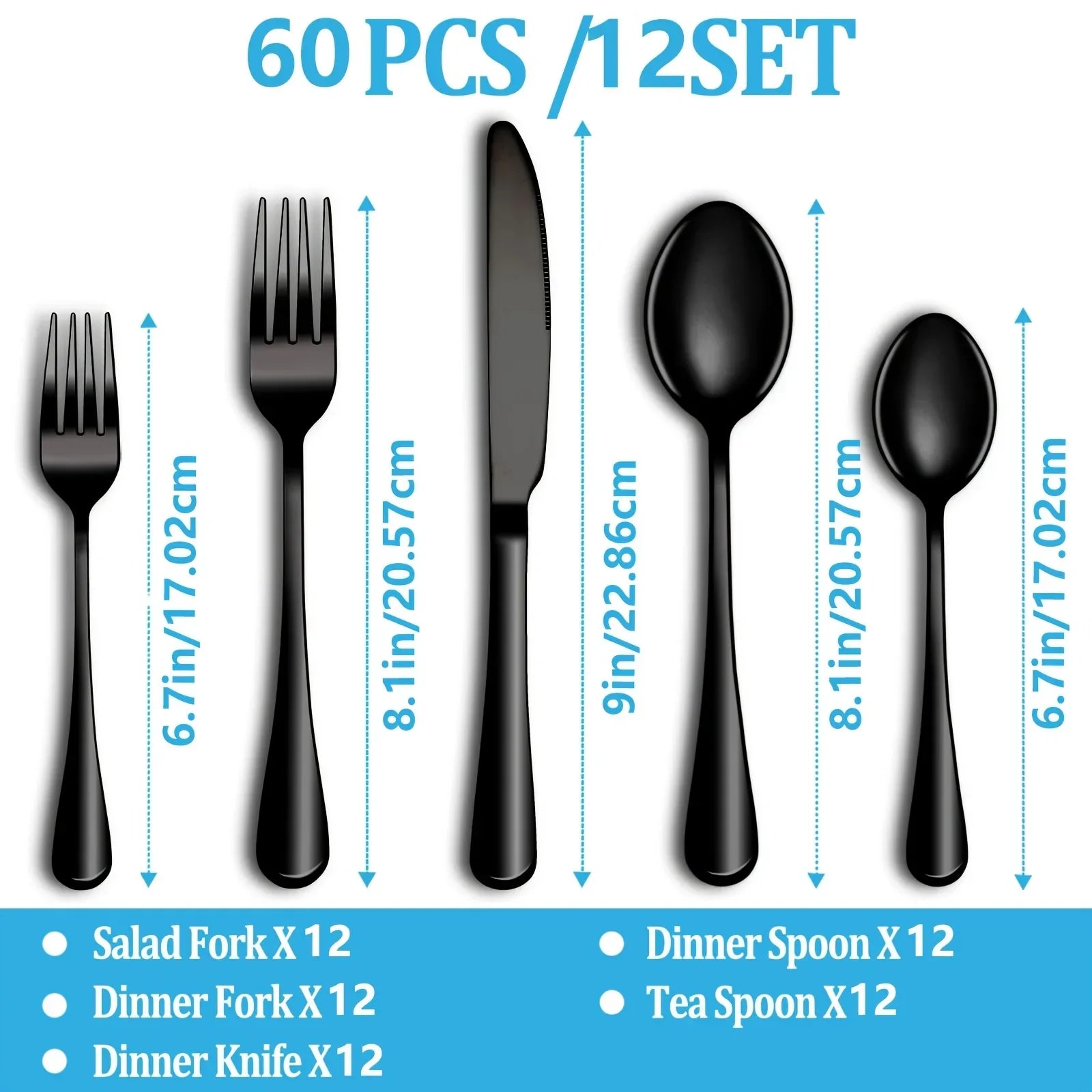 60Pcs Black Silverware Set for 12, Stainless Steel Flatware Set, Cutlery Kitchen Tableware Fork Knife Spoon Dishwasher Safe