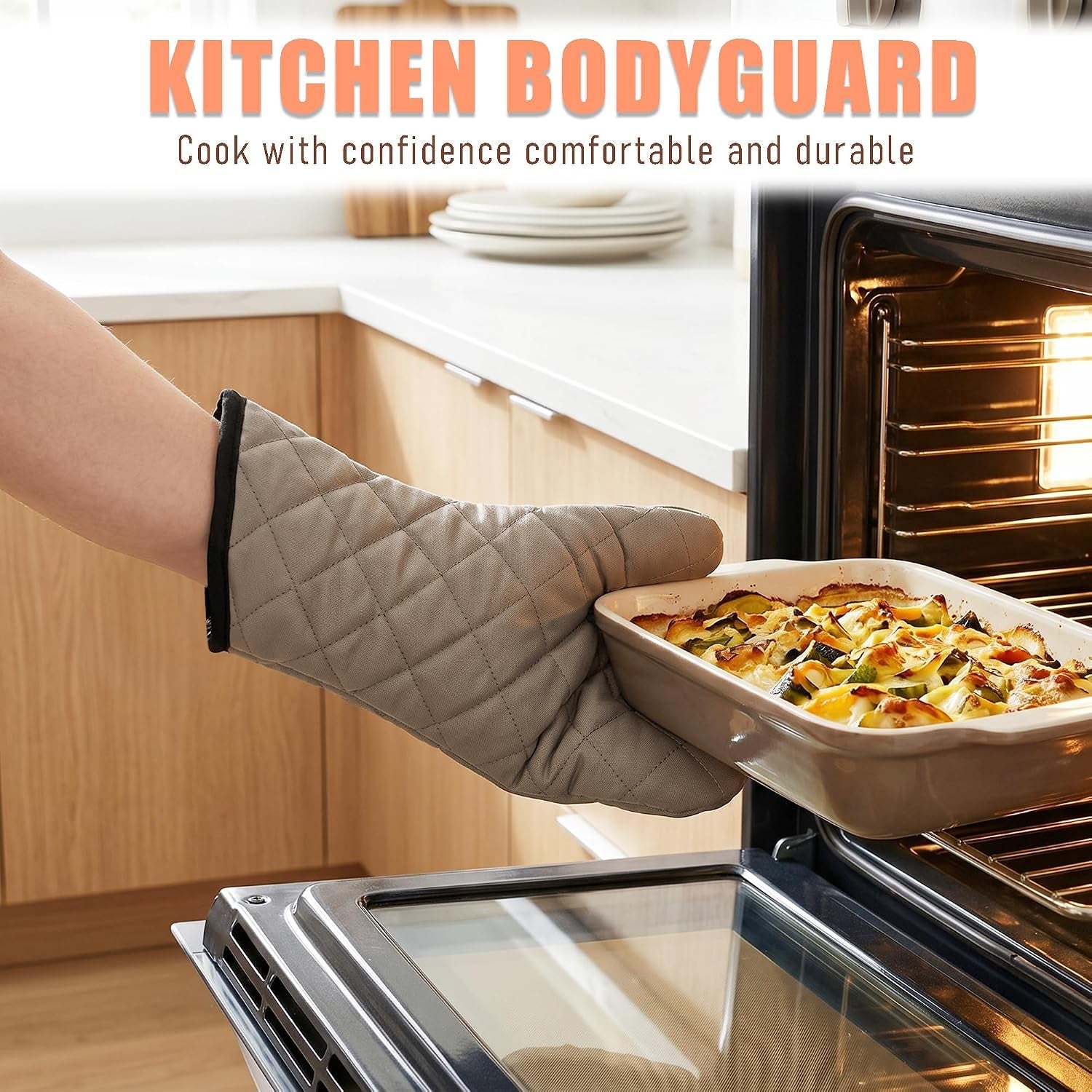 Grey 13" Quilted Oven Mitts 1 Pair Flame Heat Resistant