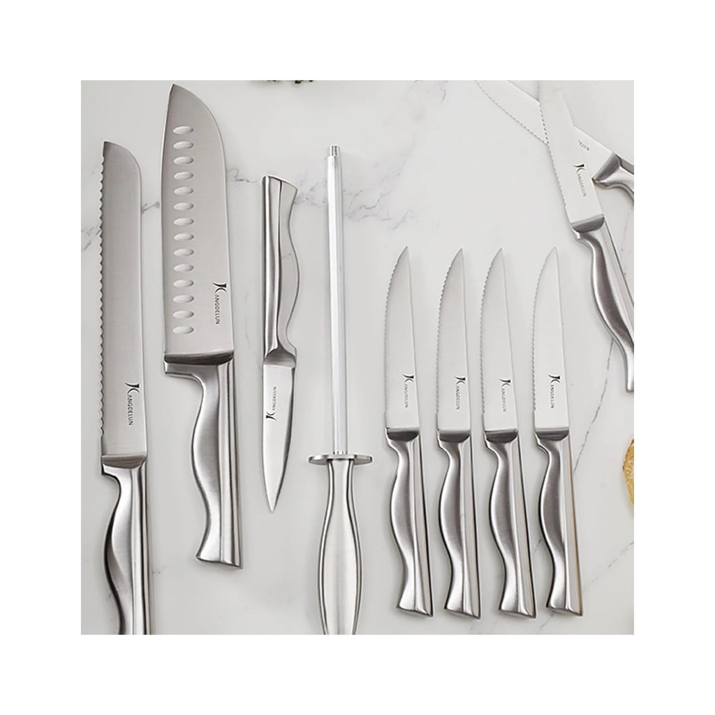 15-Piece Ultra Sharp Kitchen Knife Set with Wooden Block, Exclusive Ergonomic Anti-Slip Handle, High-Carbon 50CR15MOV Steel, Angled Design, Dark Brown Wood Block