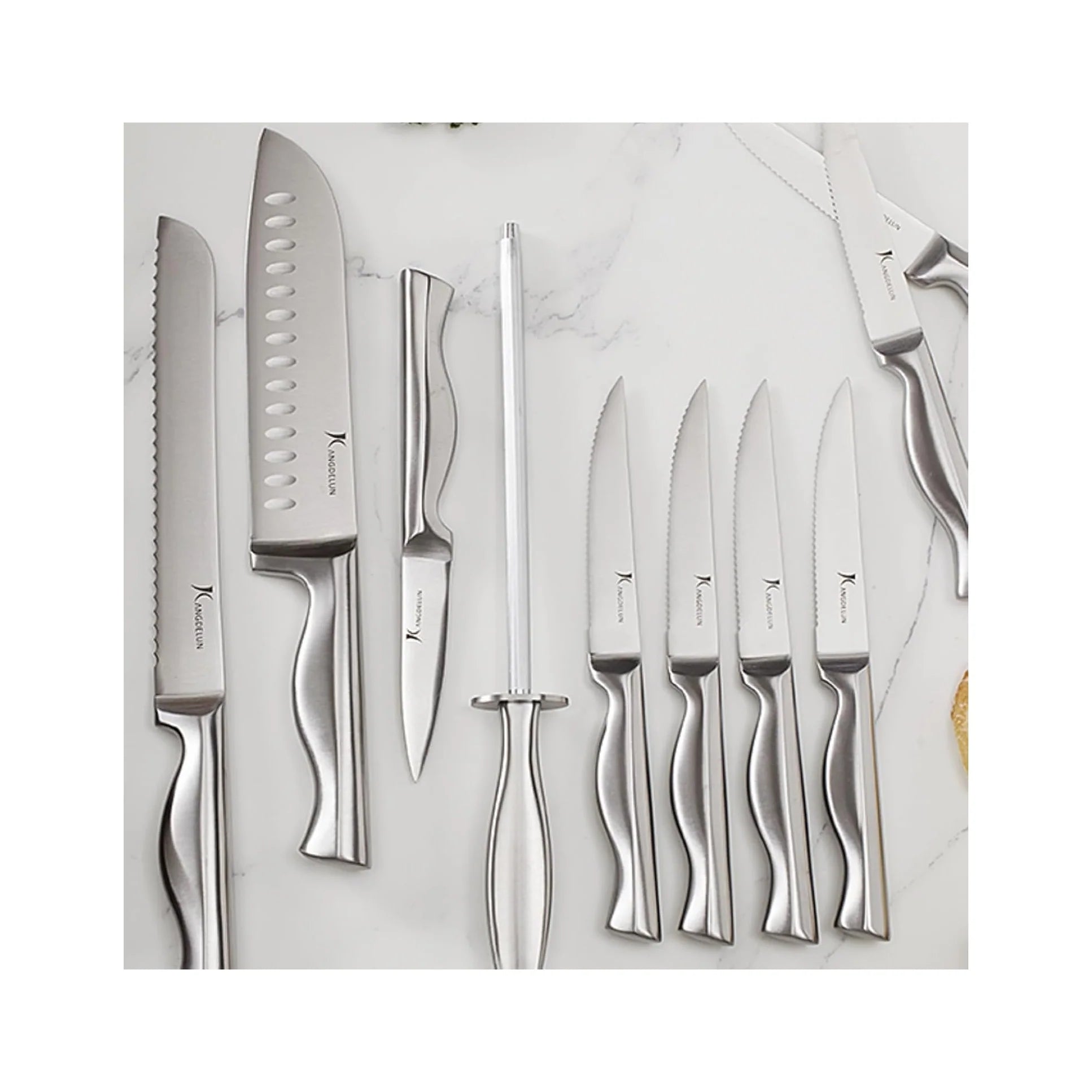 15-Piece Ultra Sharp Kitchen Knife Set with Wooden Block, Exclusive Ergonomic Anti-Slip Handle, High-Carbon 50CR15MOV Steel, Angled Design, Dark Brown Wood Block