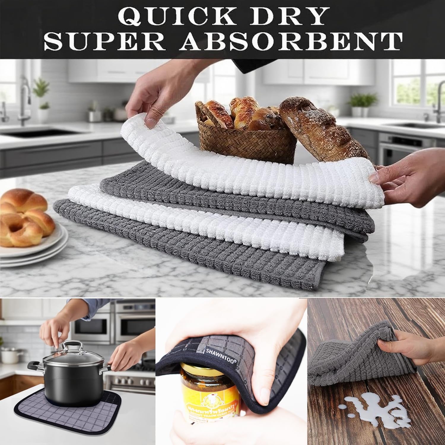 Oven Mitts and Pot Holders Sets 6Pcs, Kitchen Oven Glove,High Heat Resistant 550 Degree Extra Long Oven Mitts and Potholders with Non-Slip Silicone Surface for Home Essentials (Grey) (Matte Black)