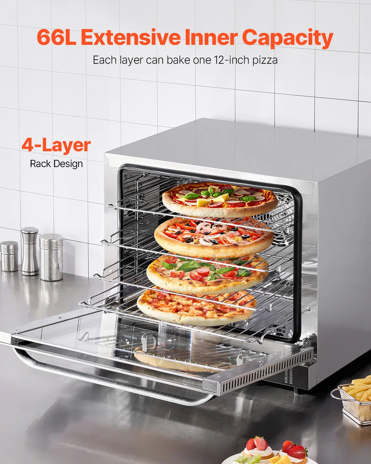 Commercial Countertop Oven, 66L 4-Tier Toaster Ovens with Tempered Glass Door, Wire Racks & Tray, 2800W Stainless Steel Baking Ovens for Restaurant Bakery (AC208~240V, 60Hz, 6-20P Plug & Output)