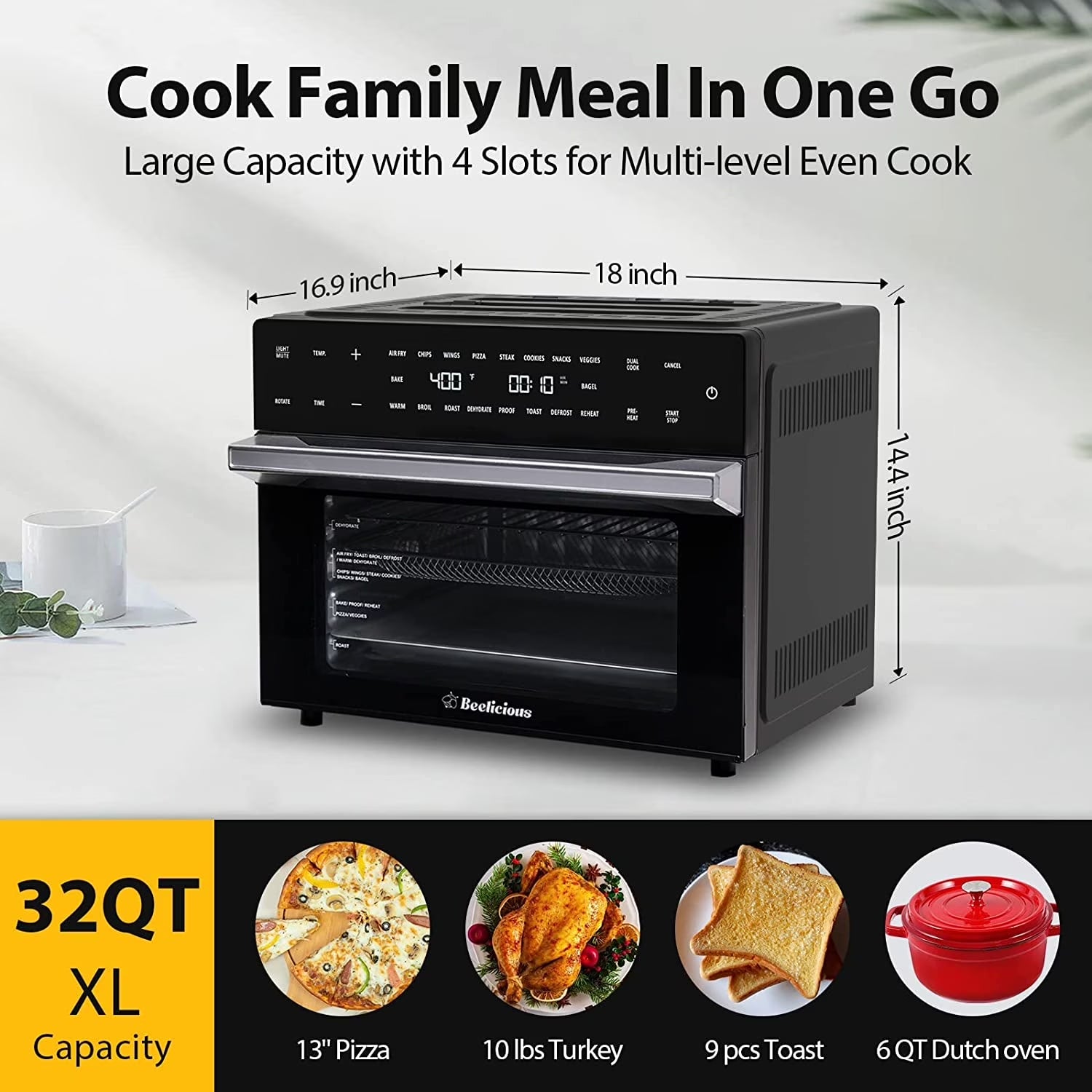 32-Qt Air Fryer Toaster Oven, 19-In-1 Convection Countertop Oven with Rotisserie & Dehydrator, 6 Accessories