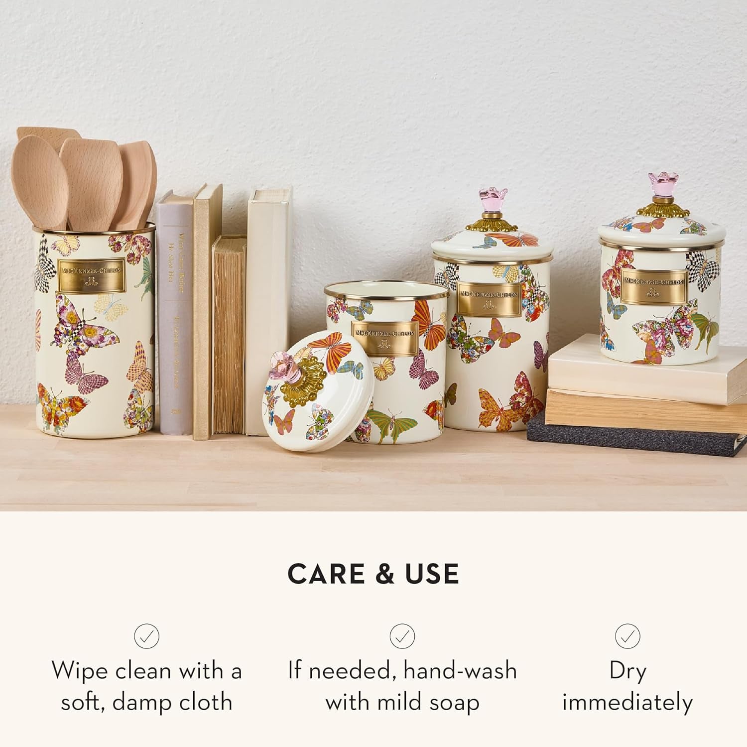 MACKENZIE-CHILDS Enamel Canister, Medium, White Butterfly Garden