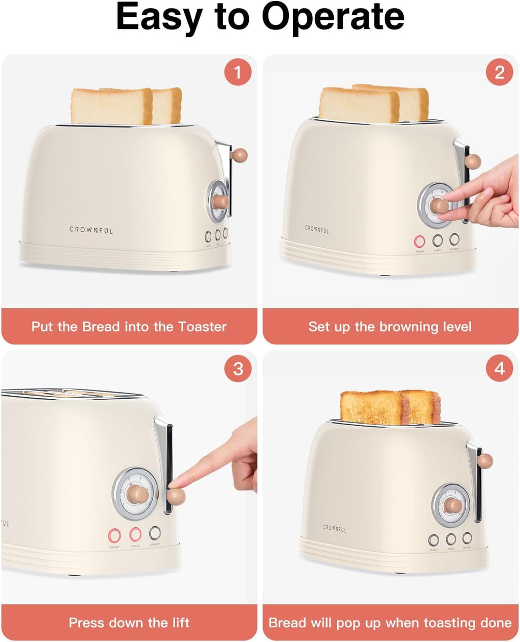 2-Slice Toaster, Extra Wide Slots Toaster, Retro Stainless Steel with Bagel, Cancel, Defrost, Reheat Function and 6-Shade Settings, Removal Crumb Tray, Cream