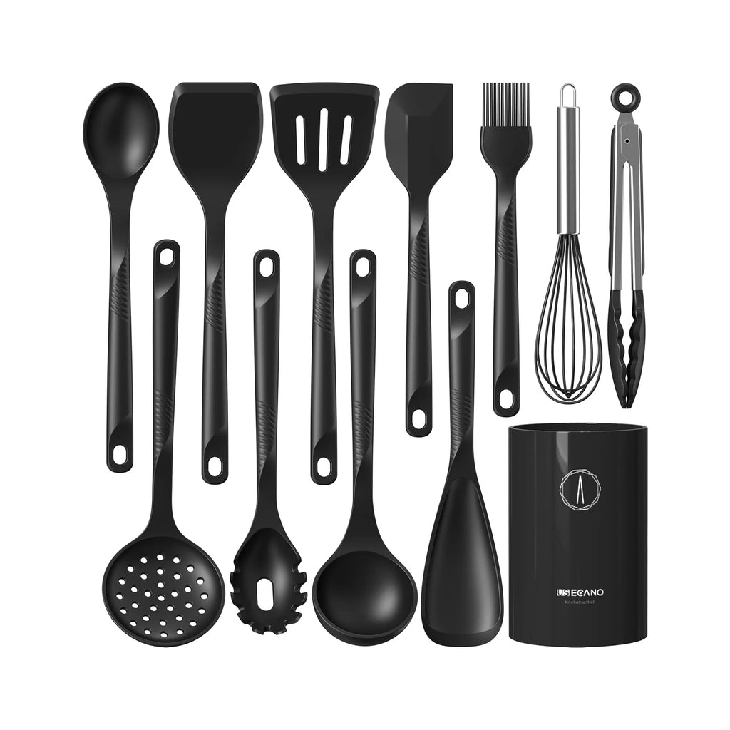 Silicone Cooking Utensils Set - 600°F Heat Resistant, Nonstick Kitchen Utensil Set with Spatulas, Spoons, Whisk, Tongs, BPA Free, Dishwasher Safe, Black