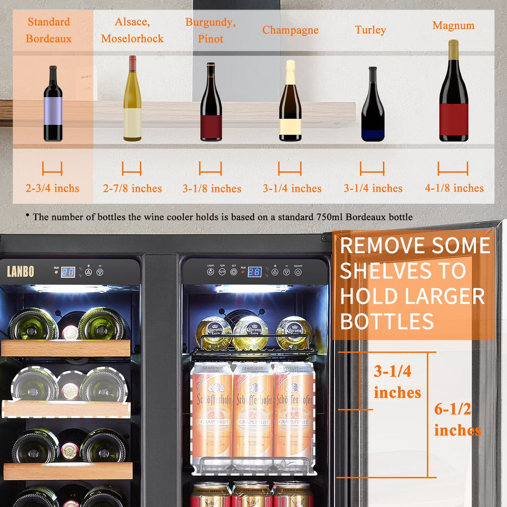 24 Inch 18 Bottle 55 Cans under Counter Dual Zone Wine Cooler Beverage Refrigerator