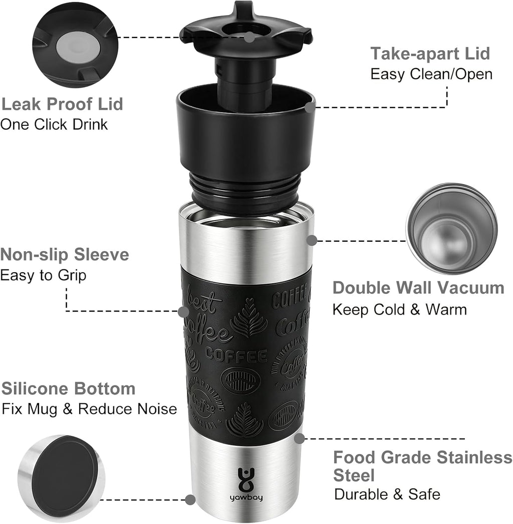 Travel Coffee Mug with 360°Lid, Travel Coffee Tumbler 16 Oz Leak Proof, Stainless Steel Insulated Travel Mugs for Hot and Cold Spill Proof Leak Proof(Black)