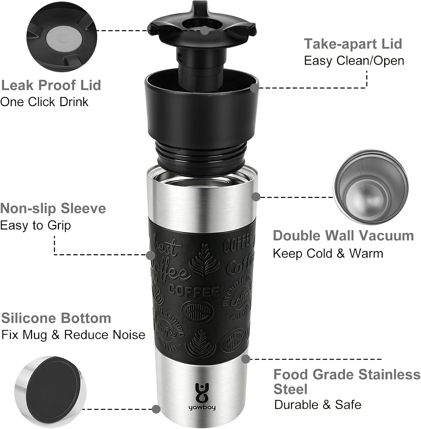Travel Coffee Mug with 360°Lid, Travel Coffee Tumbler 16 Oz Leak Proof, Stainless Steel Insulated Travel Mugs for Hot and Cold Spill Proof Leak Proof(Black)