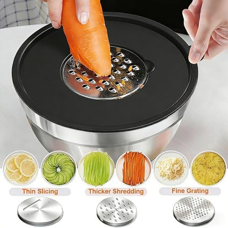 Thickened Heavy-Duty 26Pcs Stainless Steel Bowl, Mixing Bowl Set with Lid, Grater Attachment, Non-Slip Bottom and Kitchen Gadget Set, Sizes 7, 4, 2.5, 2.0, 1.5, 1QT, Ideal for Mixing and Serving