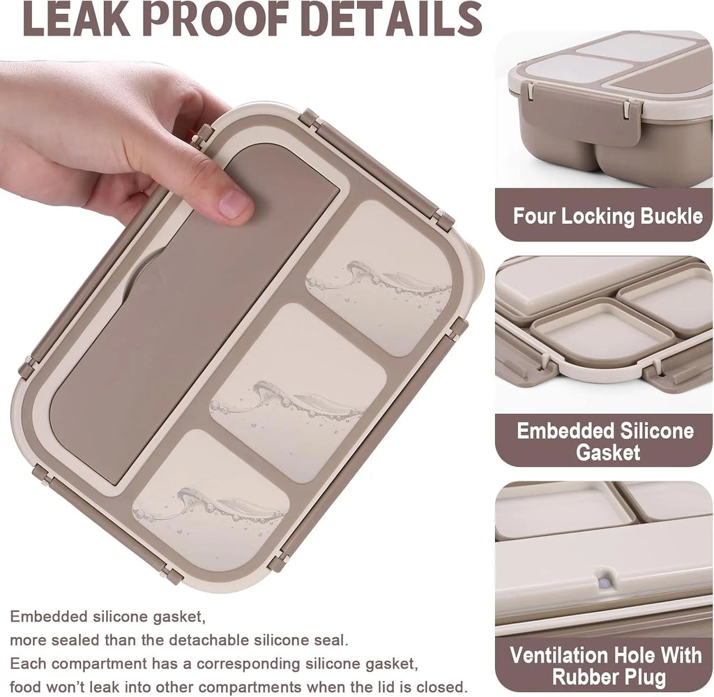 Bento Box Adult Lunch Box, Containers for Adults Men Women with 4 Compartments, Lunchable Food Container with Utensils, Sauce Jar, Muffin Liners, 40 Oz/5 Cup, Microwave & Dishwasher Safe, Brown