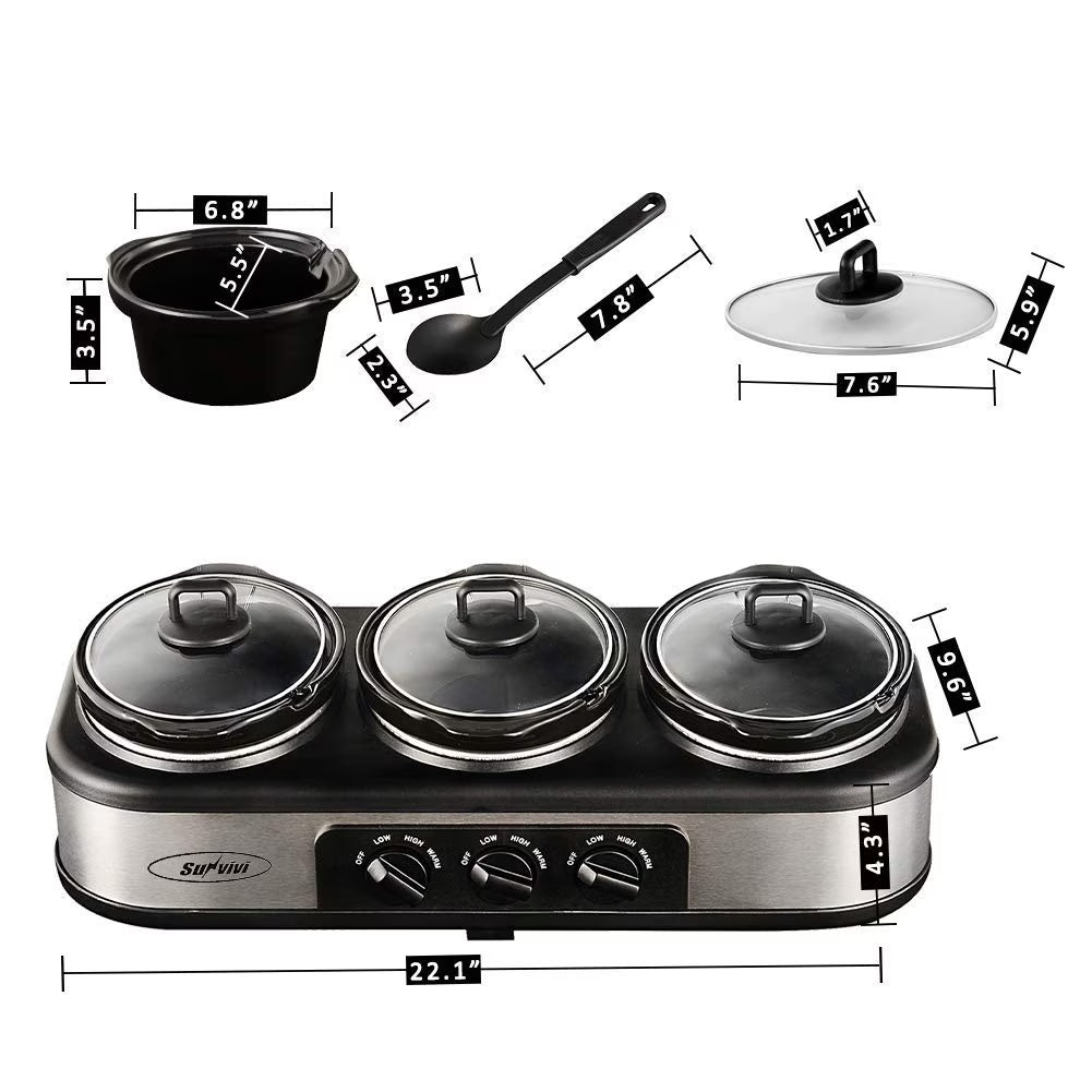 R 3X1.5 Quart 3 Basins Removable Ceramic Pots Food Warmer Stainless Steel Triple Slow Cooker Buffet Serve