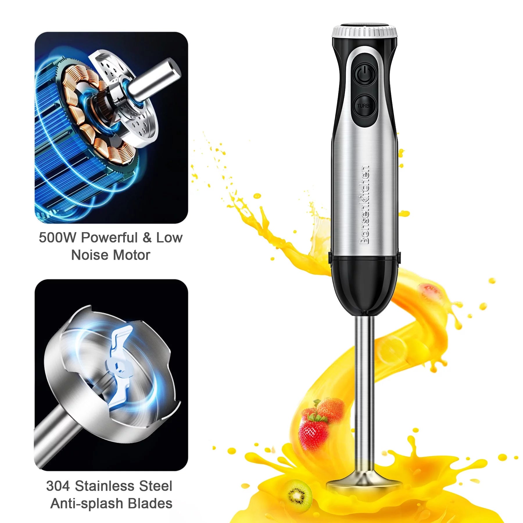 Immersion Hand Blender, Stainless Steel, 20-Speed, Handheld Mixer for Soup, Smoothies, Purees, Emulsifies