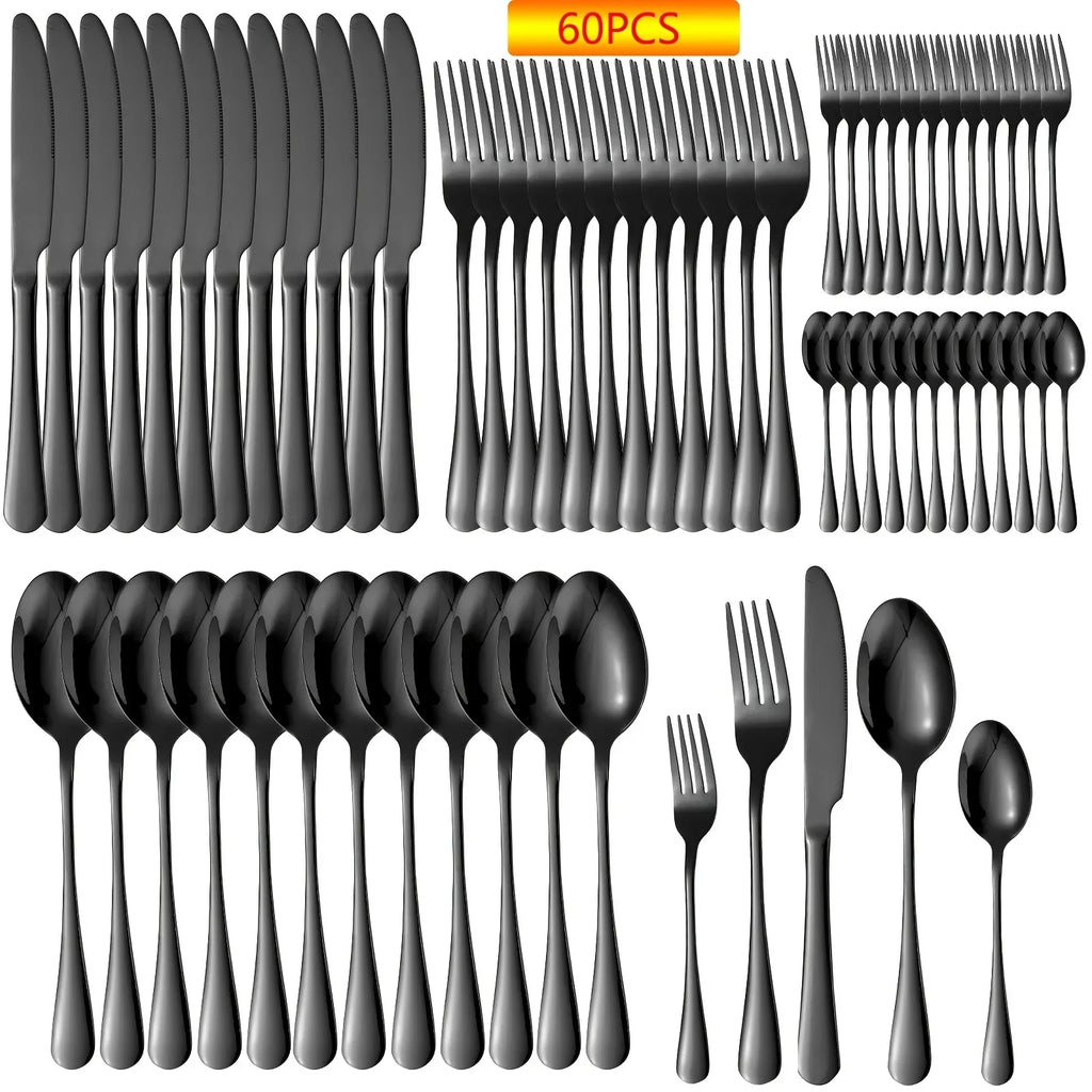 60Pcs Black Silverware Set for 12, Stainless Steel Flatware Set, Cutlery Kitchen Tableware Fork Knife Spoon Dishwasher Safe