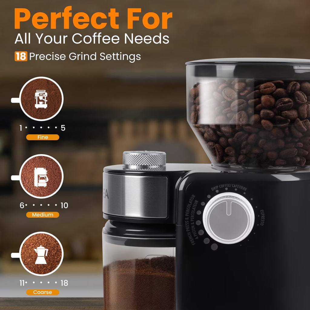 Burr Coffee Grinder, Electric Coffee Bean Grinder with 18 Precise Grind Settings, 3-18 Cup, for Espresso/Drip/Pour Over/Cold Brew/French Press