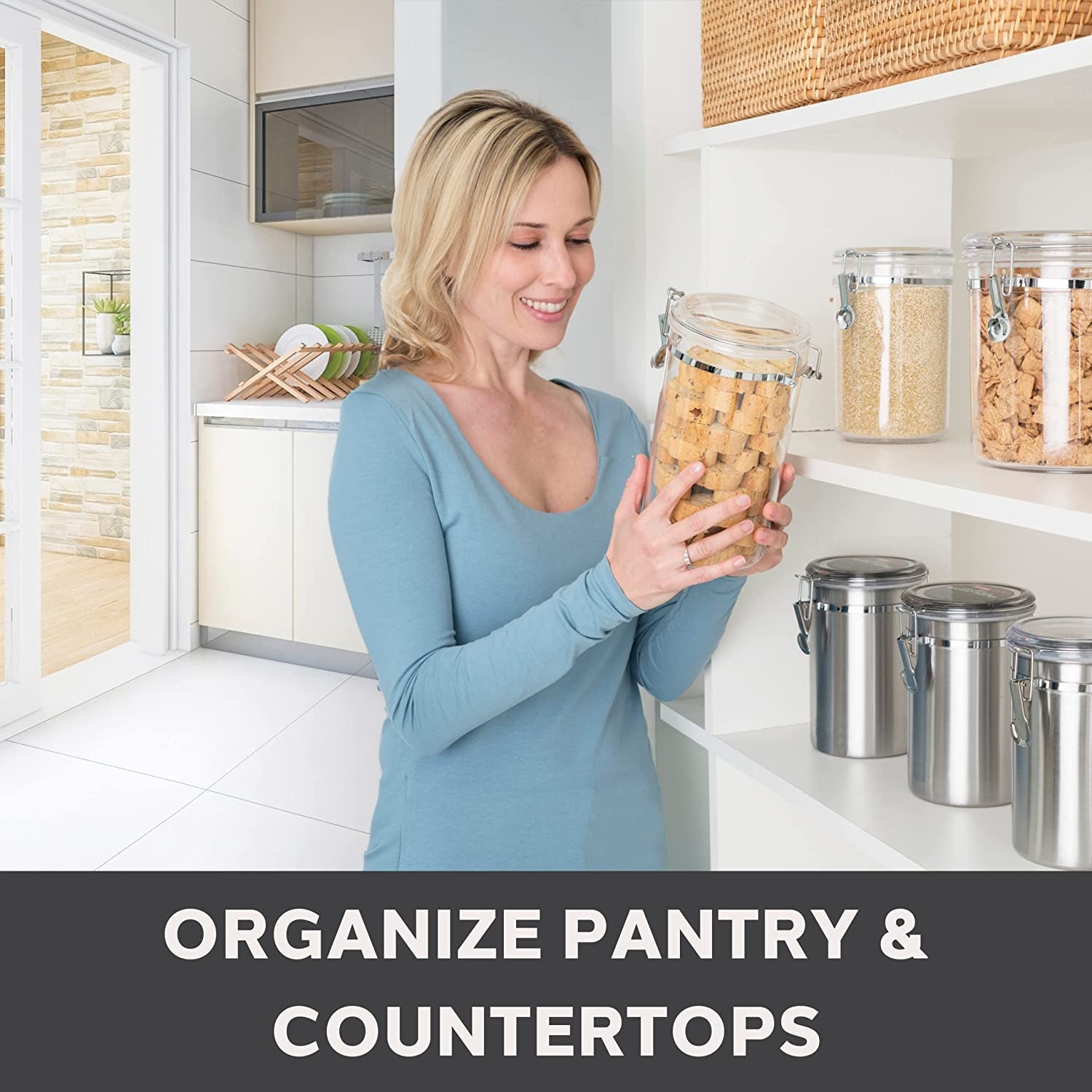 4Pc Clear Canister Set with Clamp Lids Airtight Containers in Sizes Ideal for Kitchen & Pantry Storage of Bulk, Dry Foods Including Flour, Sugar, Coffee, Rice, Tea, Spices & Herbs