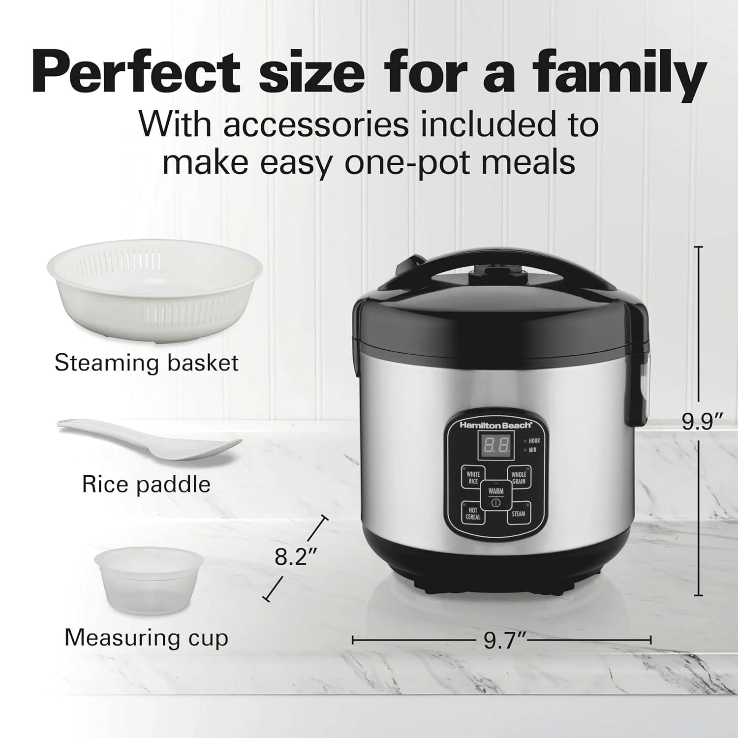 Digital Programmable Rice Cooker & Food Steamer, 8 Cups Cooked (4 Uncooked), with Steam & Rinse Basket, Stainless Steel