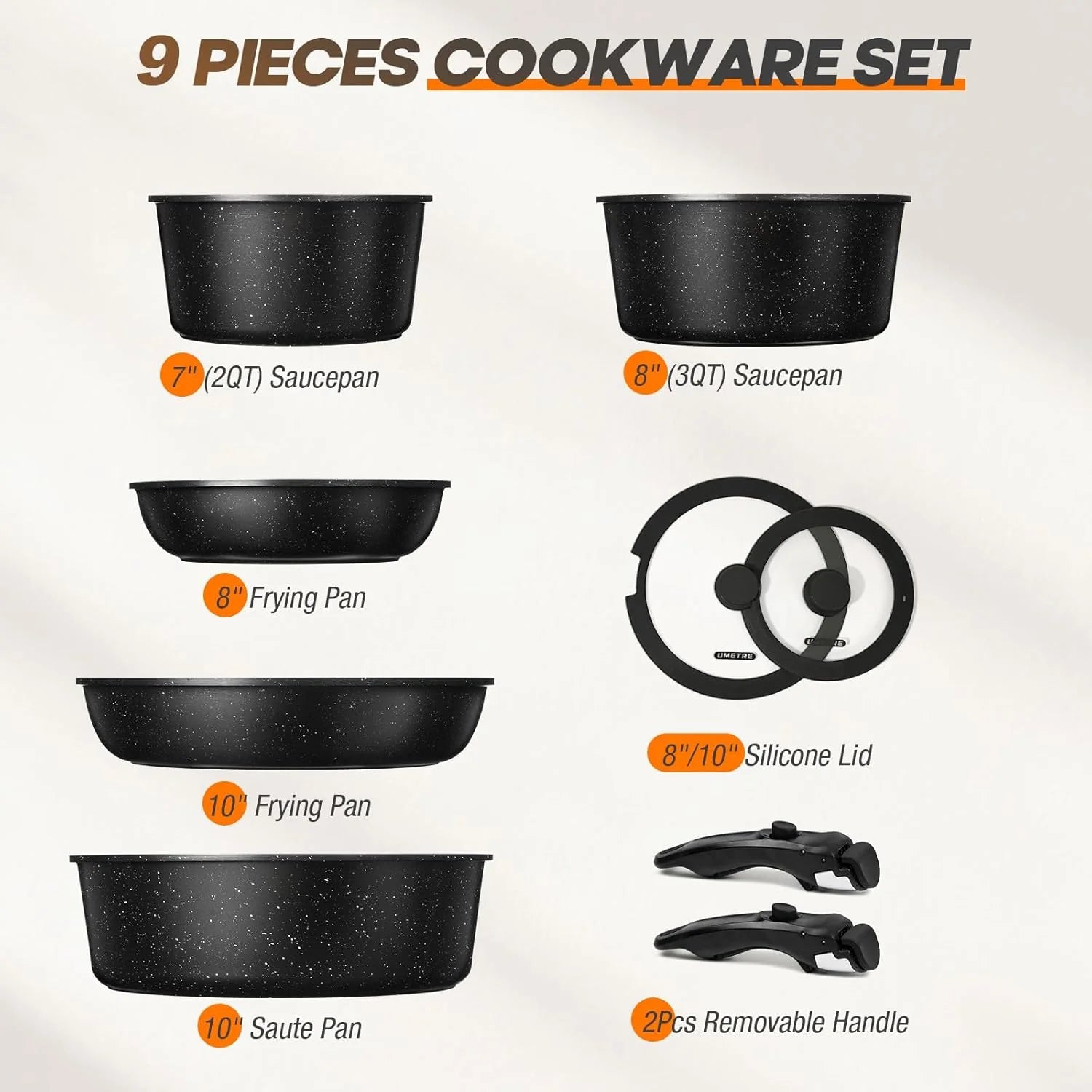 Pots and Pans Set, Nonstick Cookware Set Detachable Handle, Induction Kitchen Cookware Sets with Removable Handle, Non Stick RV Cookware Set, Dishwasher ＆ Oven Safe (9 PCS)
